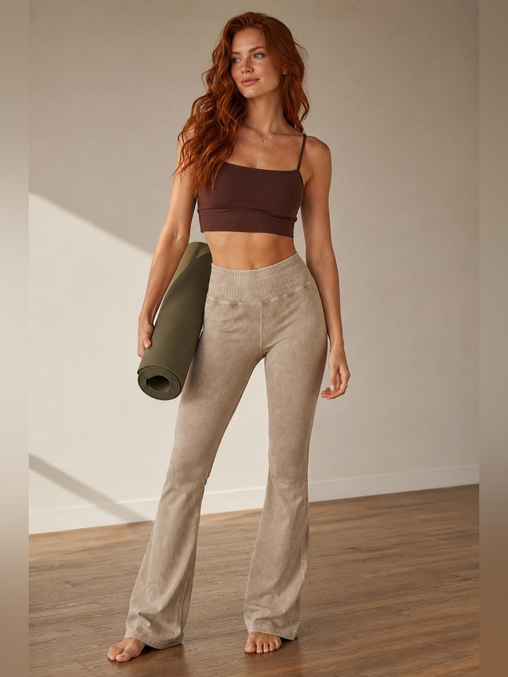 Free People Good Karma Flare Leggings - Color: Mushroom light grey-tan. M/L